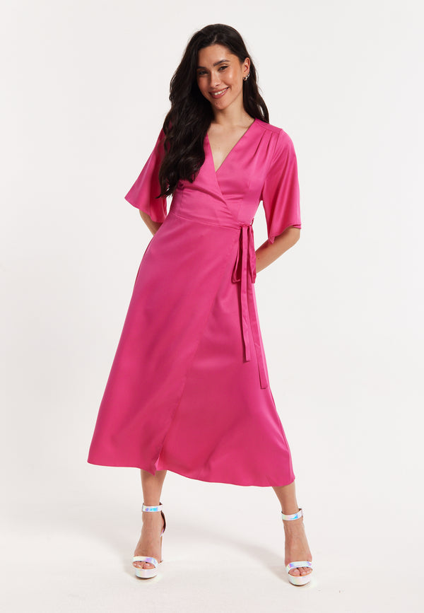 Liquorish Pink Satin Kimono Sleeve Maxi Wrap Dress
