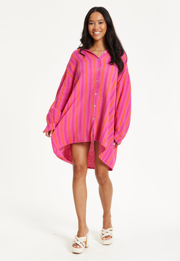 Liquorish Pink Stripe Oversized Shirt Dress