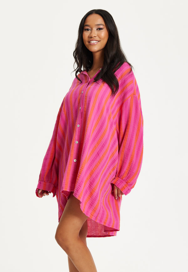 Liquorish Pink Stripe Oversized Shirt Dress