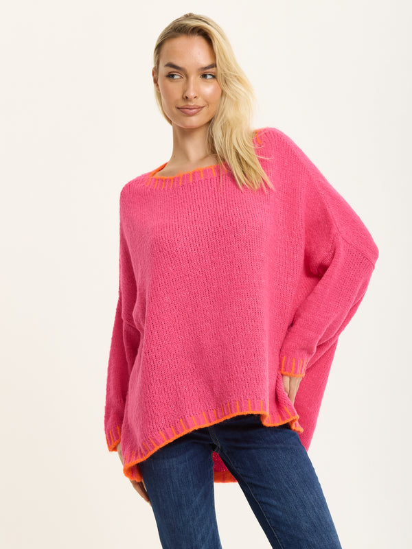Liquorish Pink Wool Blend Jumper Orange Trim