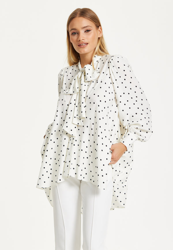 Liquorish Polka Dot Ruffle High-Low Blouse