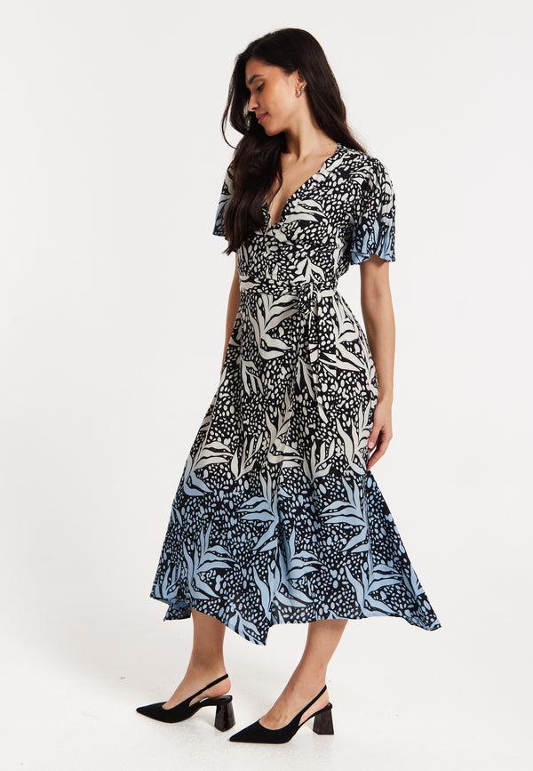 Liquorish Printed Blue Dip Dye Wrap Midaxi Dress