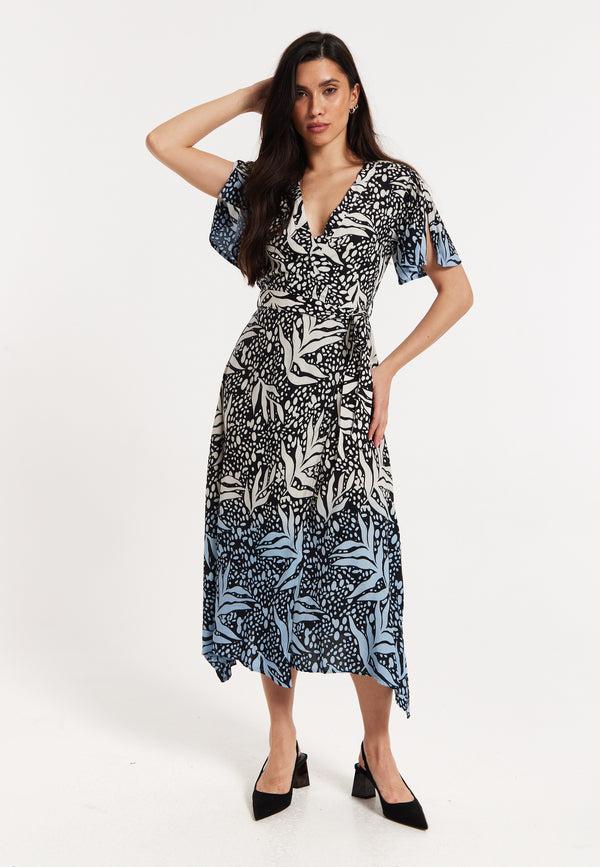 Liquorish Printed Blue Dip Dye Wrap Midaxi Dress