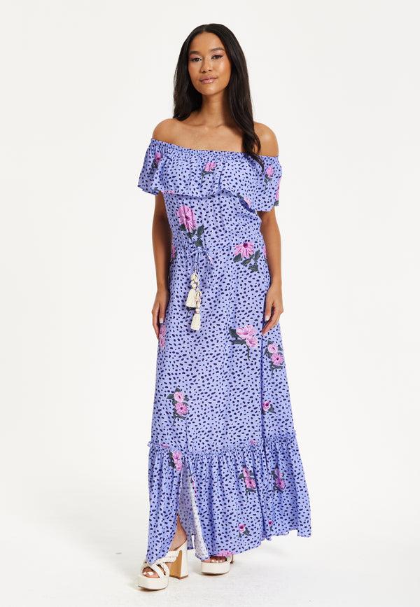 Liquorish Purple Floral Off Shoulder Maxi Dress