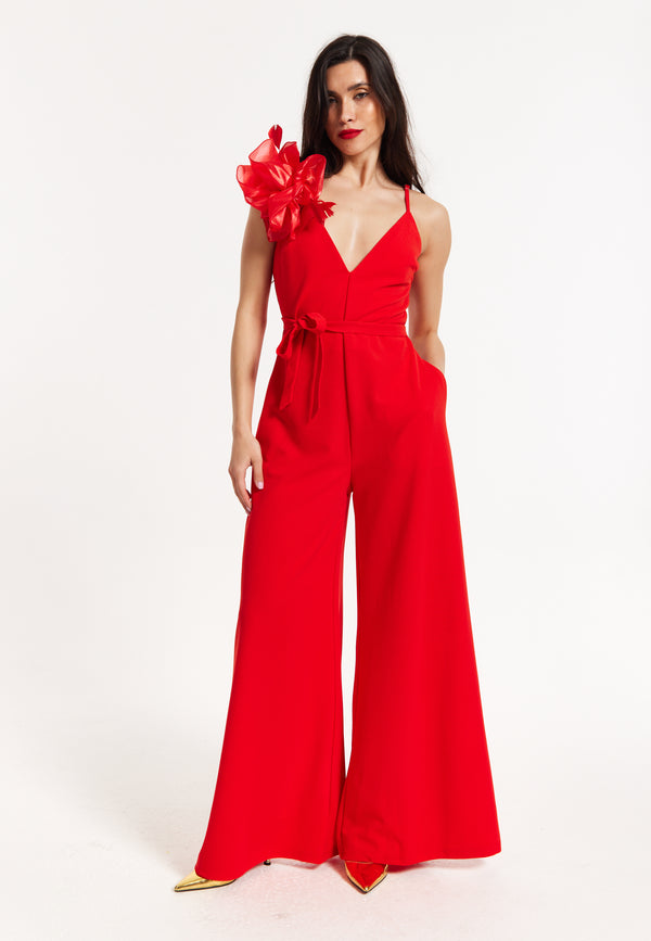 Liquorish Red Floral Shoulder Wide-Leg Jumpsuit