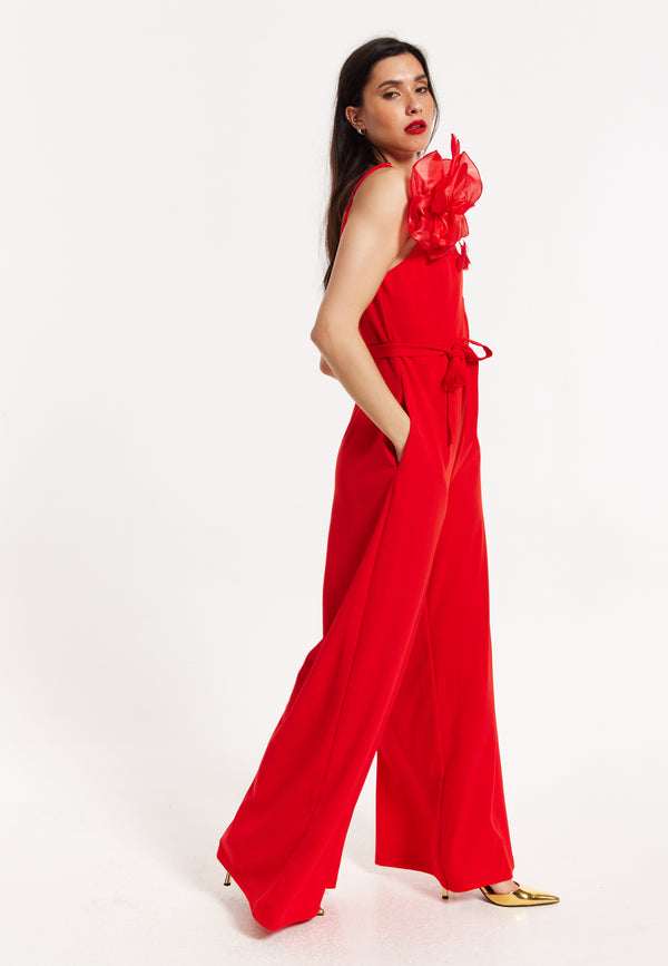 Liquorish Red Floral Shoulder Wide-Leg Jumpsuit