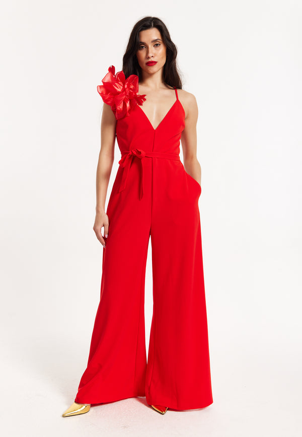 Liquorish Red Floral Shoulder Wide-Leg Jumpsuit