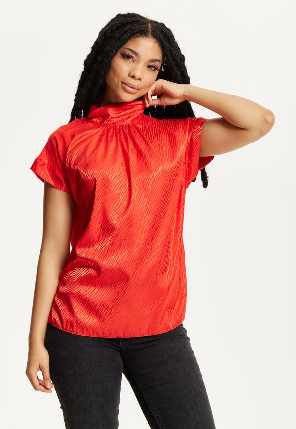 Liquorish Red Satin Textured High Neck Top