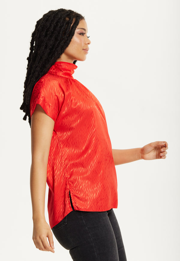 Liquorish Red Satin Textured High Neck Top