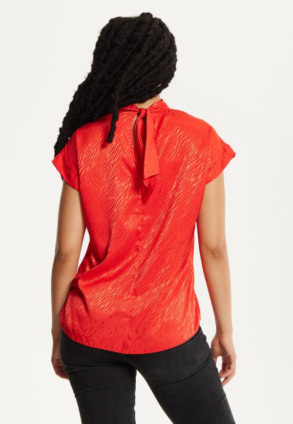Liquorish Red Satin Textured High Neck Top