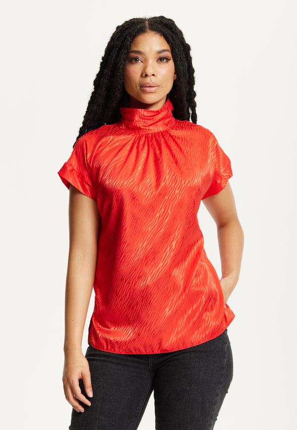 Liquorish Red Satin Textured High Neck Top
