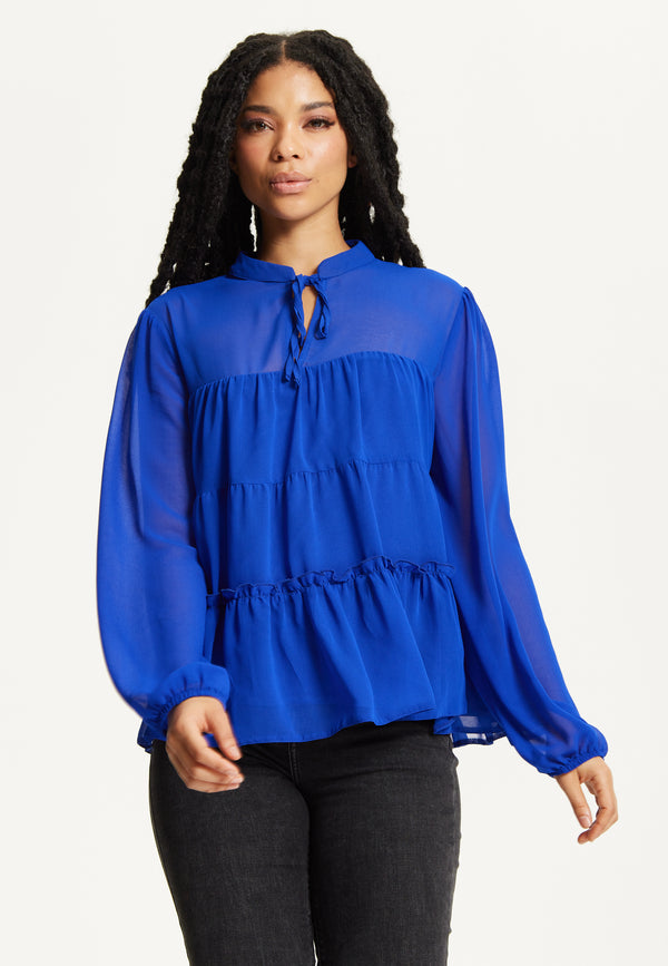 Liquorish Royal Blue Tiered Long Sleeve Blouse