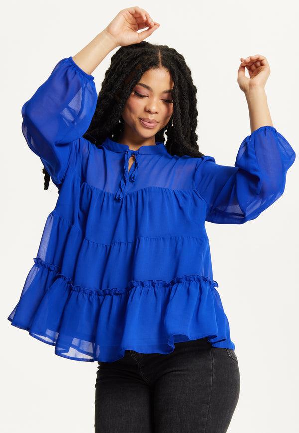 Liquorish Royal Blue Tiered Long Sleeve Blouse
