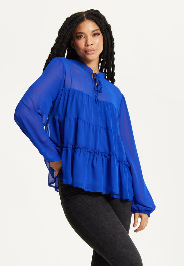 Liquorish Royal Blue Tiered Long Sleeve Blouse