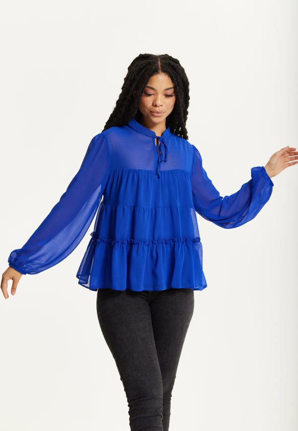 Liquorish Royal Blue Tiered Long Sleeve Blouse