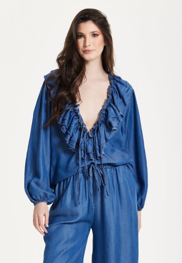 Liquorish Ruffled V-Neck Long Sleeve Top