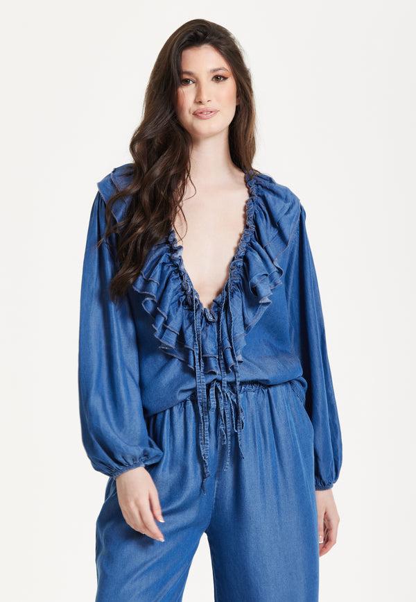 Liquorish Ruffled V-Neck Long Sleeve Top