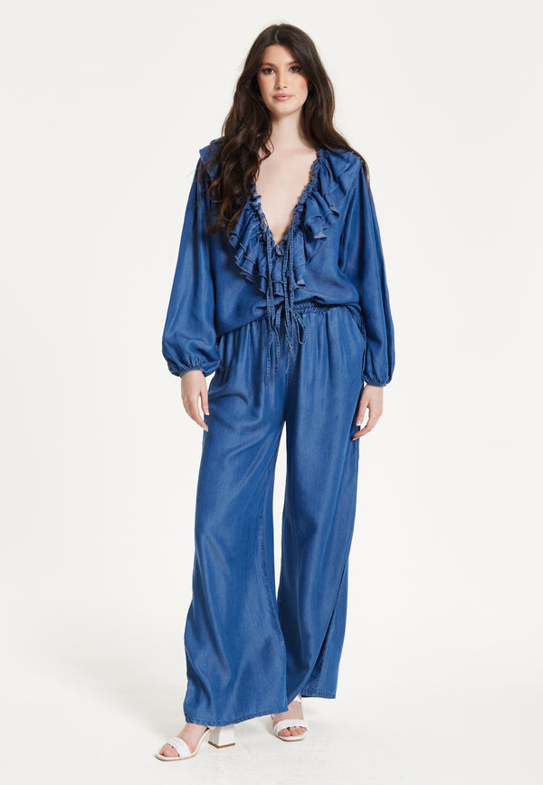 Liquorish Ruffled V-Neck Long Sleeve Top