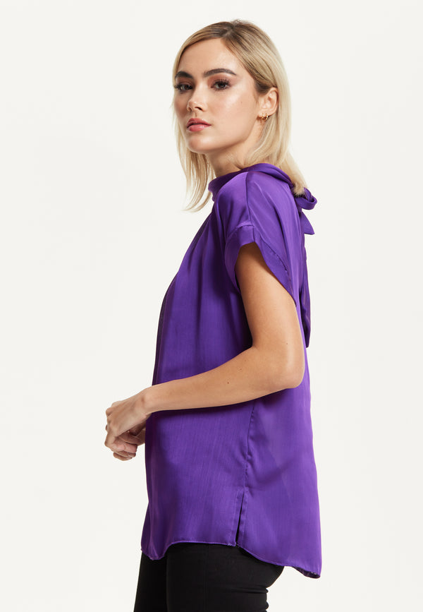 Liquorish Satin Purple Tie Back Blouse