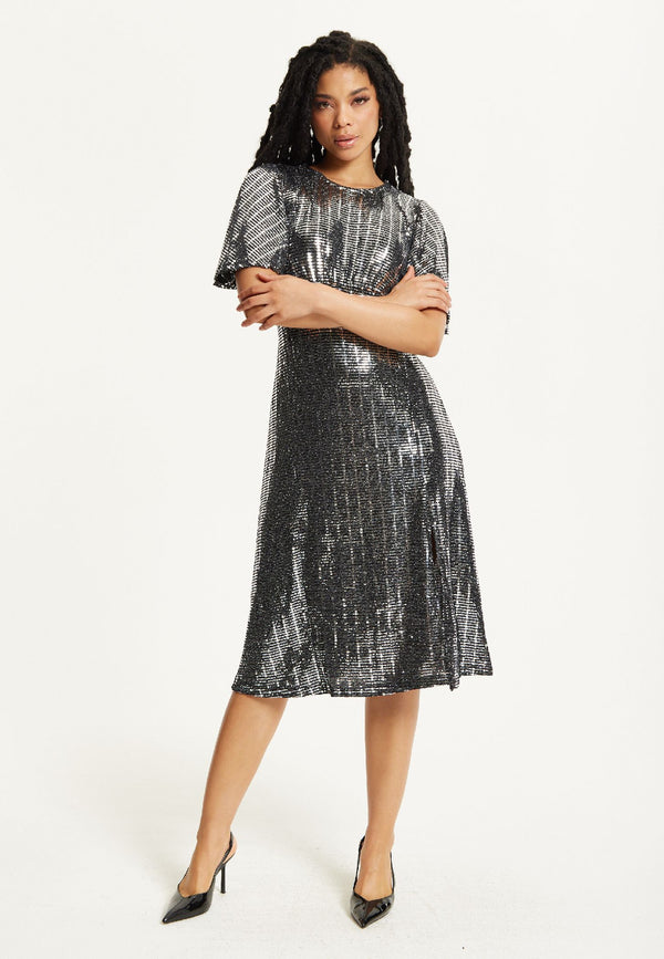 Liquorish Silver Sequin Midi Party Dress