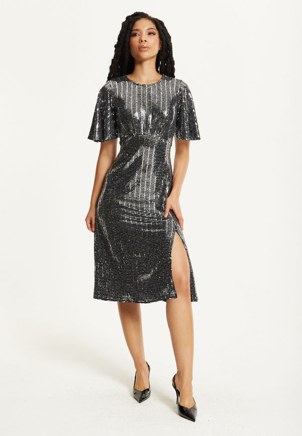 Liquorish Silver Sequin Midi Party Dress