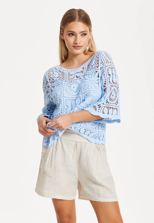 Liquorish Sky Blue Knitted Crochet Lace Top