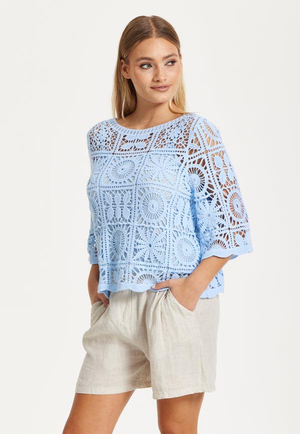 Liquorish Sky Blue Knitted Crochet Lace Top