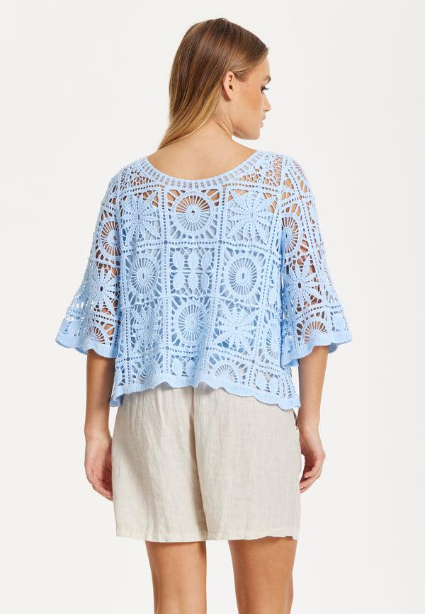 Liquorish Sky Blue Knitted Crochet Lace Top