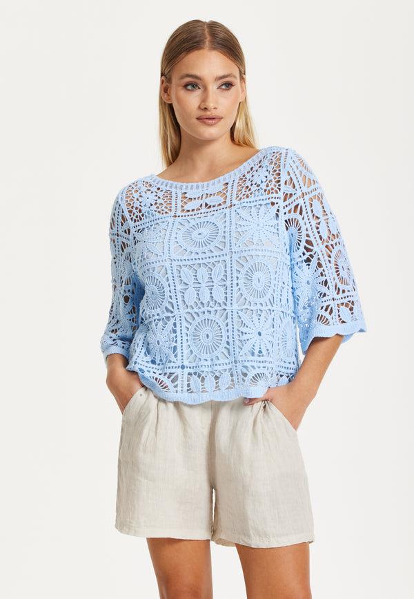 Liquorish Sky Blue Knitted Crochet Lace Top