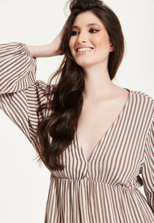 Liquorish Taupe Stripe V-Neck Maxi Dress