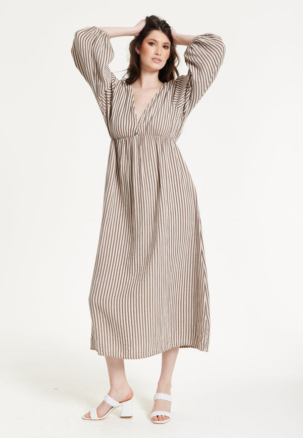 Liquorish Taupe Stripe V-Neck Maxi Dress