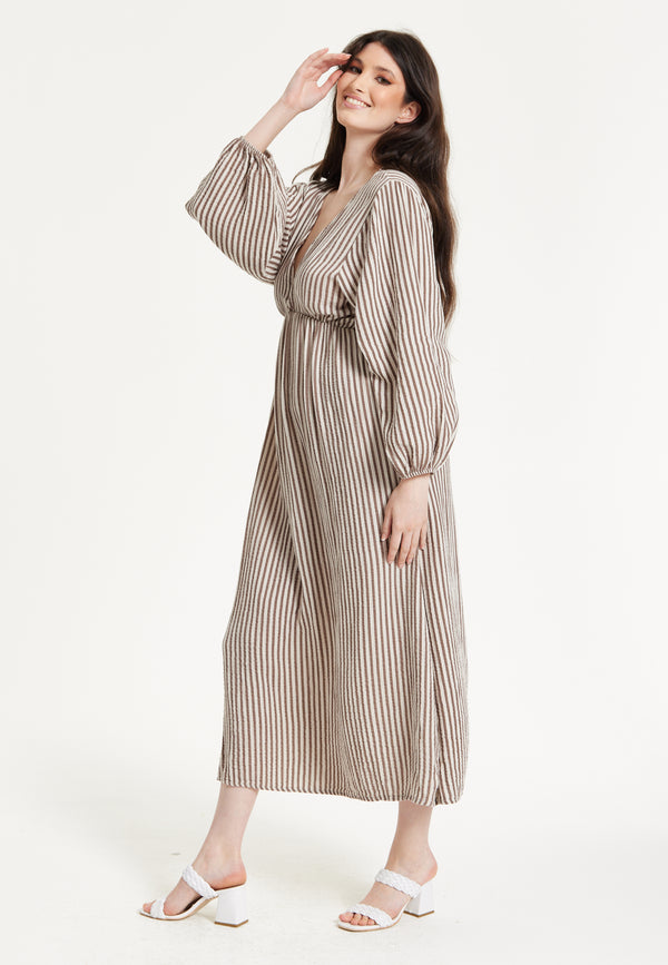 Liquorish Taupe Stripe V-Neck Maxi Dress