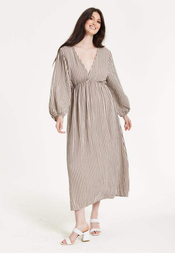 Liquorish Taupe Stripe V-Neck Maxi Dress