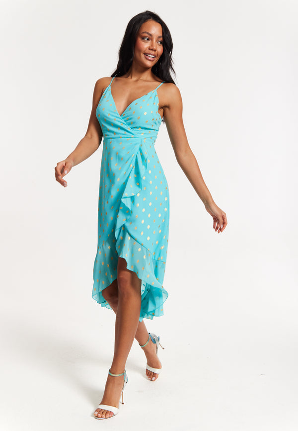 Liquorish Turquoise Gold Print Wrap Midi Dress
