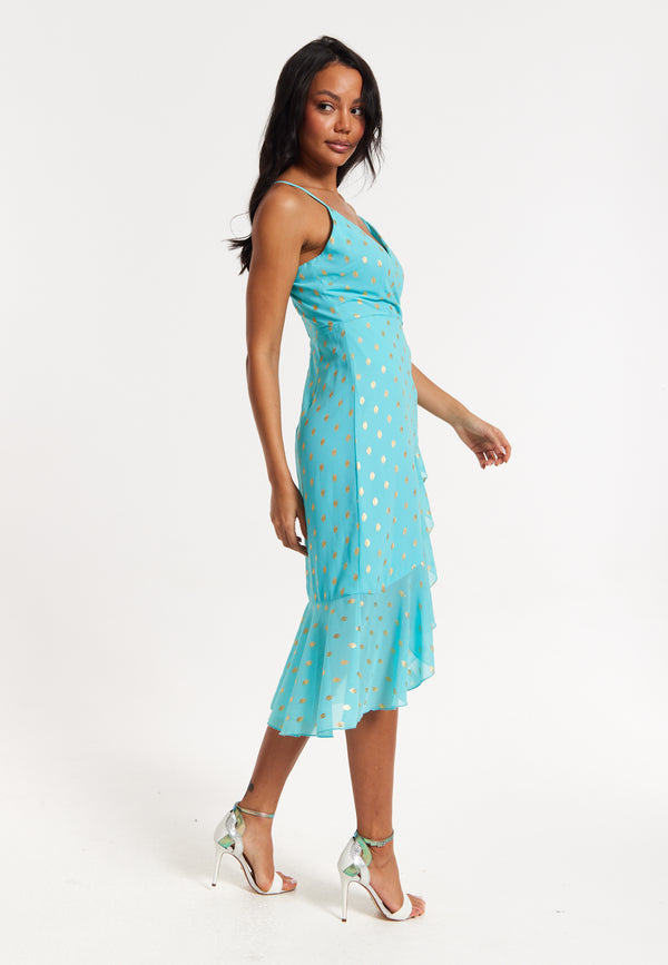 Liquorish Turquoise Gold Print Wrap Midi Dress
