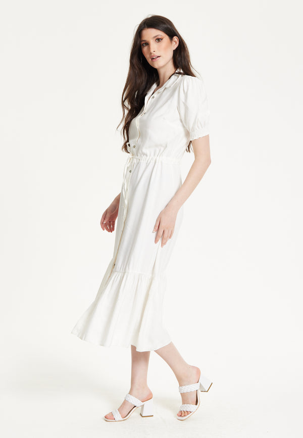Liquorish White Belted Button Midi Dress