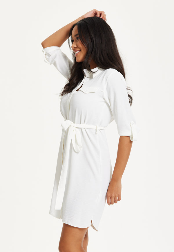 Liquorish White Belted Shirt Mini Dress