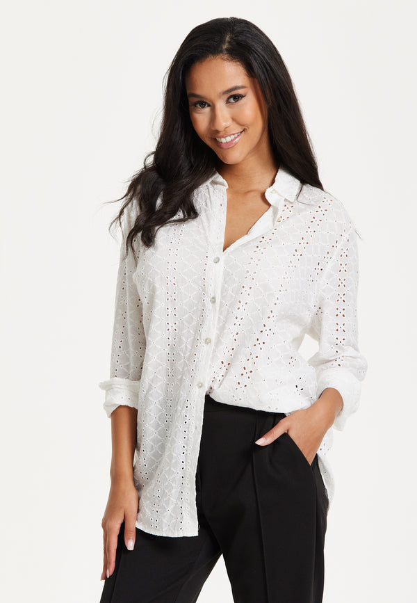 Liquorish White Broderie Button-Up Shirt