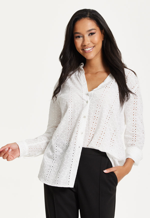 Liquorish White Broderie Button-Up Shirt
