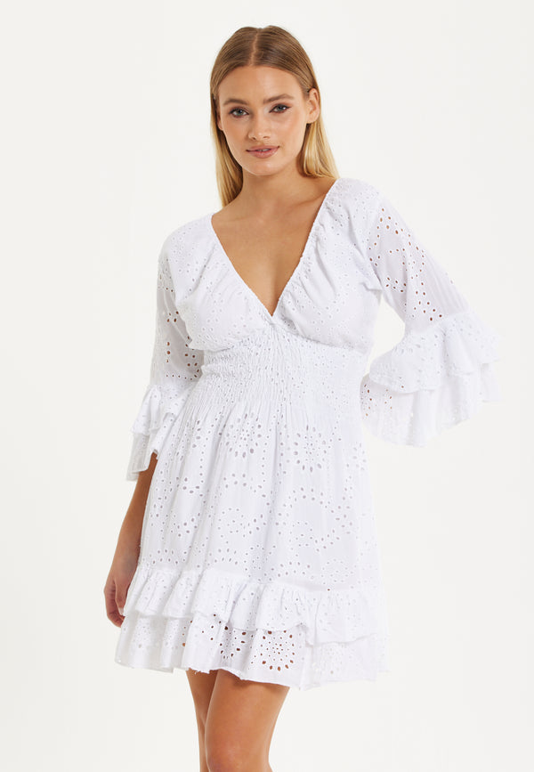 Liquorish White Broderie Ruffle Mini Dress