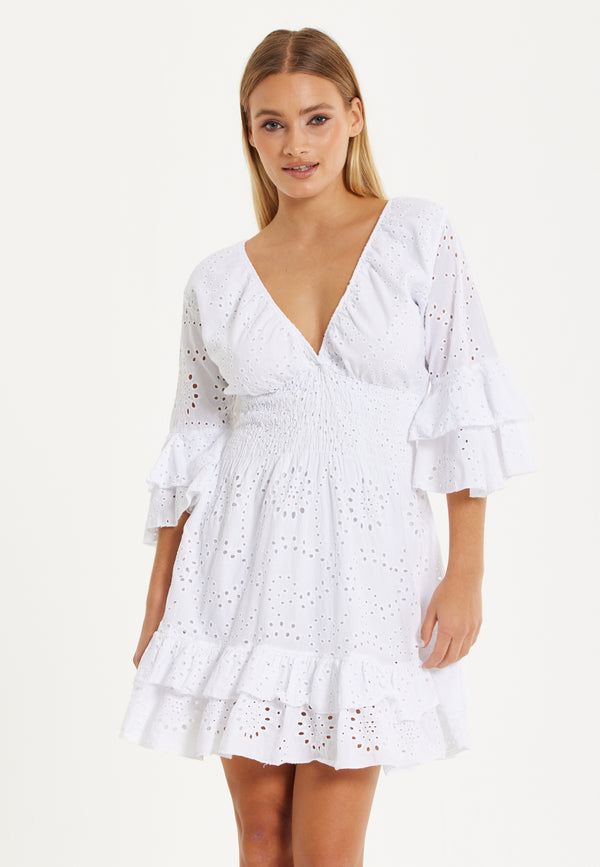 Liquorish White Broderie Ruffle Mini Dress