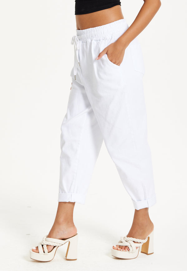 Liquorish White Cropped Drawstring Trousers