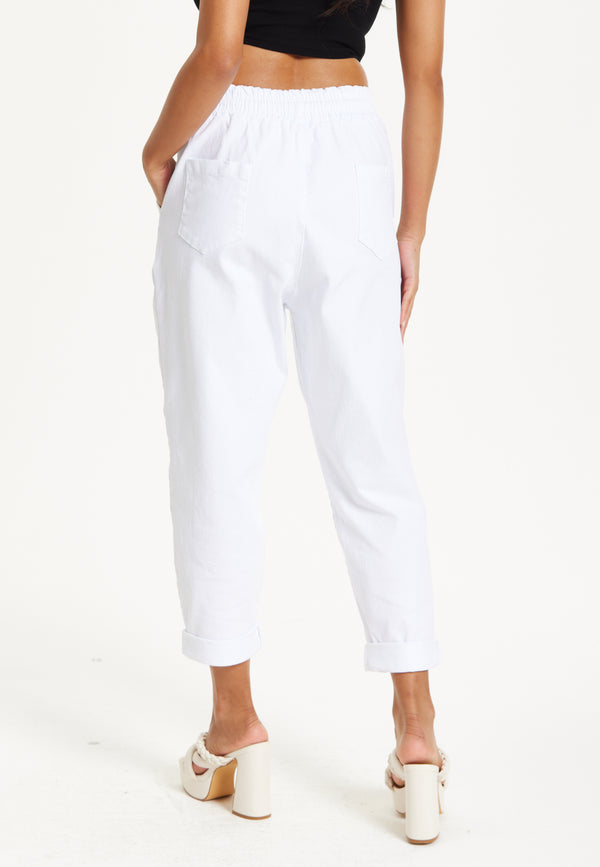 Liquorish White Cropped Drawstring Trousers