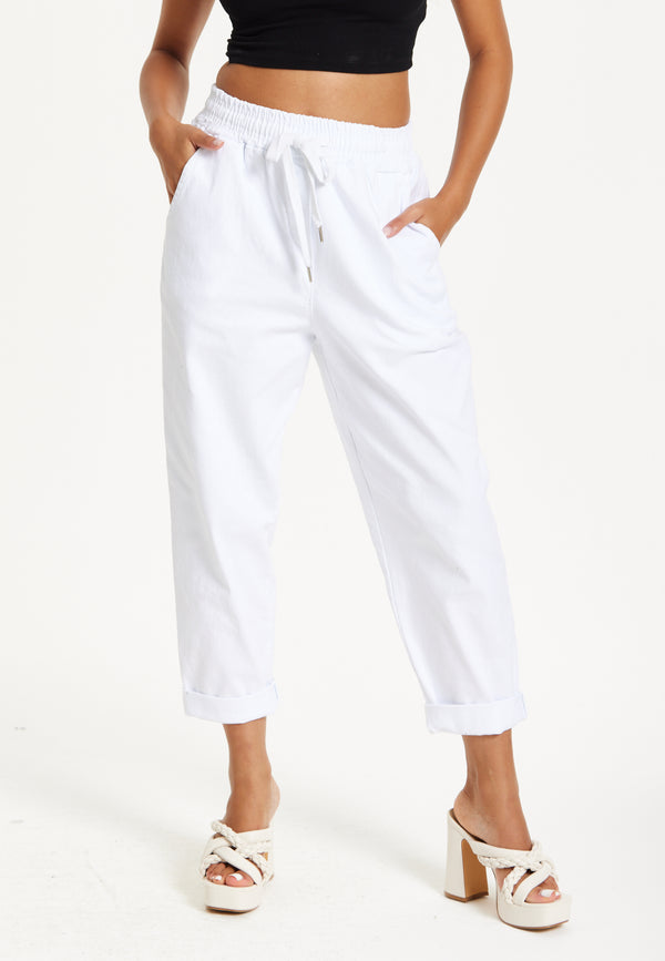 Liquorish White Cropped Drawstring Trousers