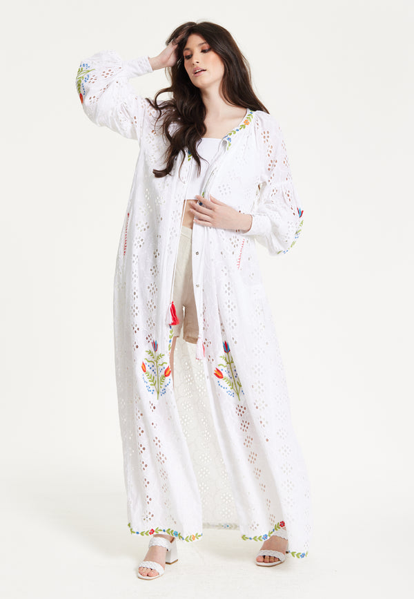 Liquorish White Embroidered Boho Kimono