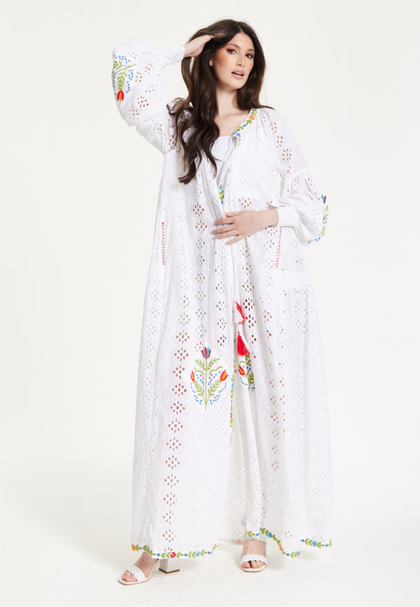 Liquorish White Embroidered Boho Kimono