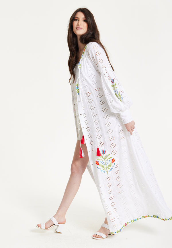 Liquorish White Embroidered Boho Kimono