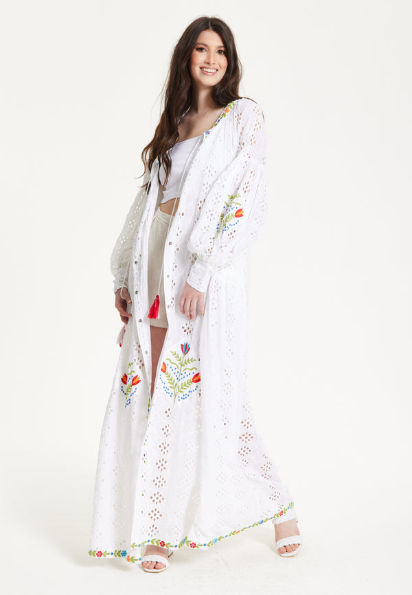 Liquorish White Embroidered Boho Kimono