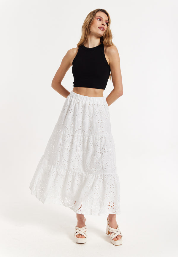 Liquorish White Embroidered Lace Maxi Skirt