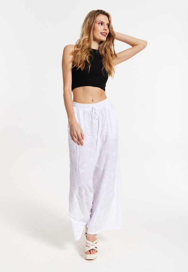 Liquorish White Embroidered Wide Leg Trousers